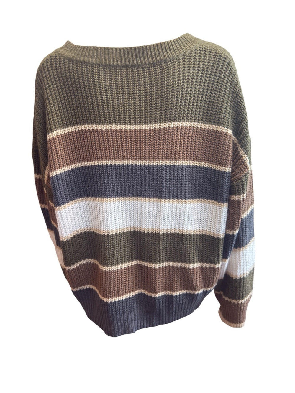 Striped Off-Shoulder Knit Sweater in Olive, Brown & White - Picture 8 of 11
